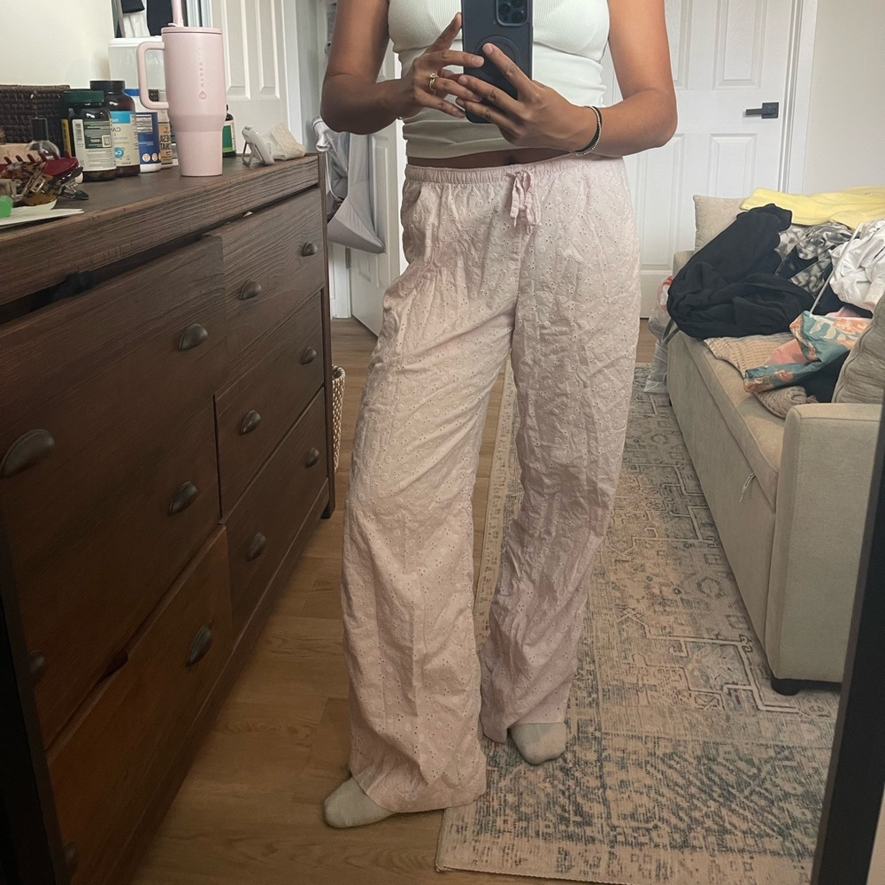 Pink floral eyelet pants